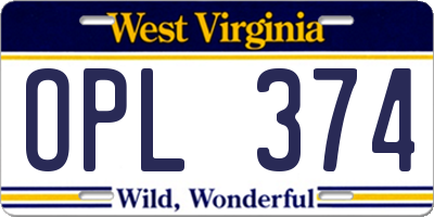 WV license plate OPL374