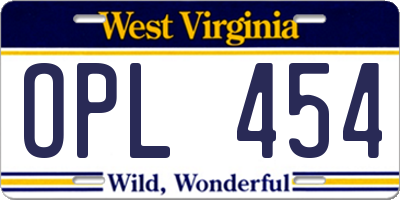 WV license plate OPL454