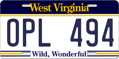 WV license plate OPL494