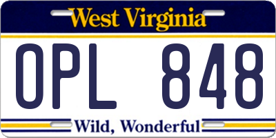 WV license plate OPL848