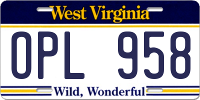WV license plate OPL958