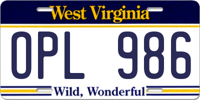 WV license plate OPL986