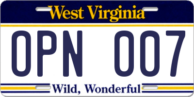 WV license plate OPN007