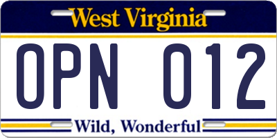 WV license plate OPN012