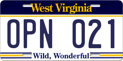 WV license plate OPN021
