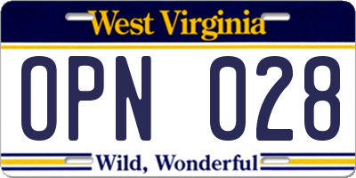 WV license plate OPN028