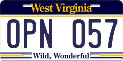 WV license plate OPN057