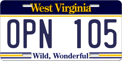 WV license plate OPN105