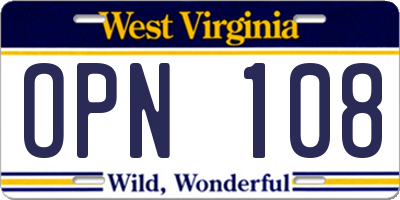 WV license plate OPN108