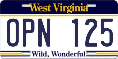 WV license plate OPN125