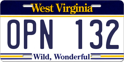 WV license plate OPN132