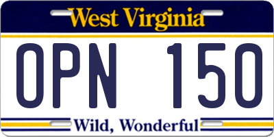 WV license plate OPN150