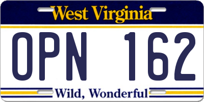 WV license plate OPN162