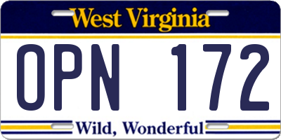 WV license plate OPN172