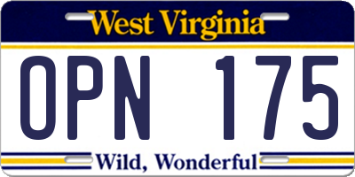 WV license plate OPN175