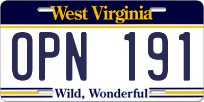 WV license plate OPN191