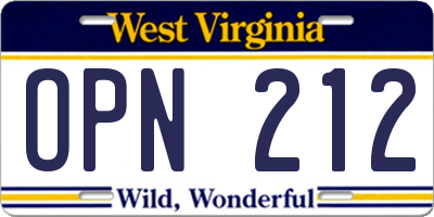 WV license plate OPN212