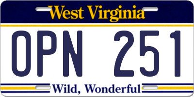 WV license plate OPN251