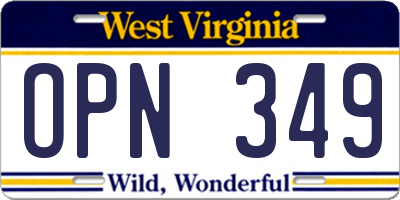 WV license plate OPN349