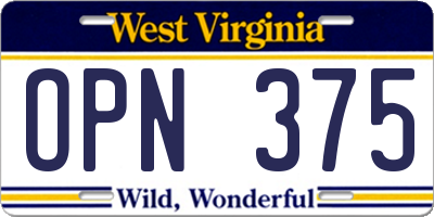 WV license plate OPN375