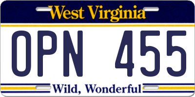 WV license plate OPN455