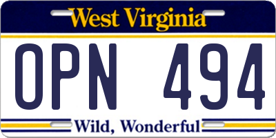 WV license plate OPN494
