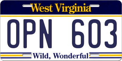 WV license plate OPN603
