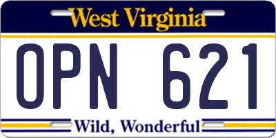 WV license plate OPN621