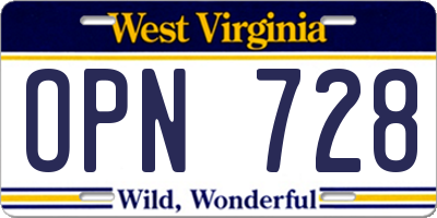 WV license plate OPN728