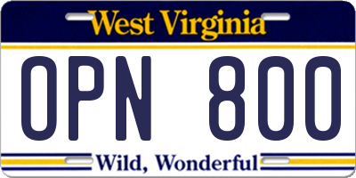 WV license plate OPN800