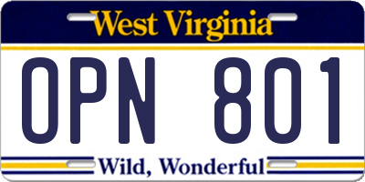 WV license plate OPN801