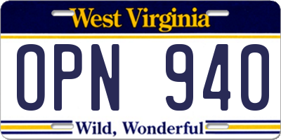 WV license plate OPN940
