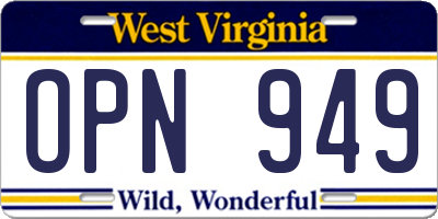 WV license plate OPN949