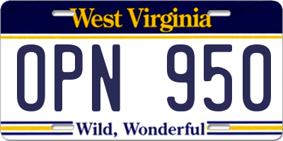 WV license plate OPN950
