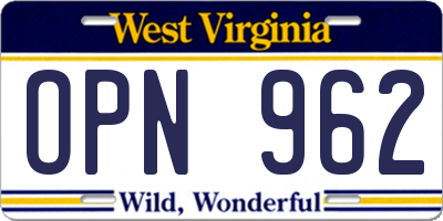 WV license plate OPN962