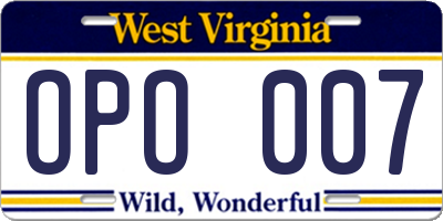 WV license plate OPO007