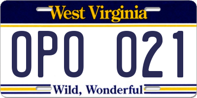 WV license plate OPO021