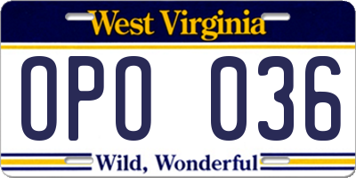 WV license plate OPO036