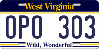 WV license plate OPO303
