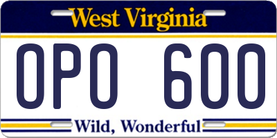 WV license plate OPO600