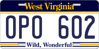 WV license plate OPO602