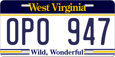 WV license plate OPO947