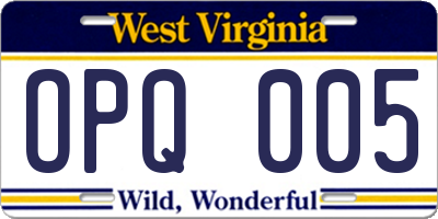 WV license plate OPQ005