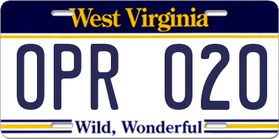 WV license plate OPR020