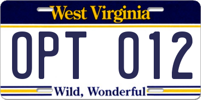 WV license plate OPT012