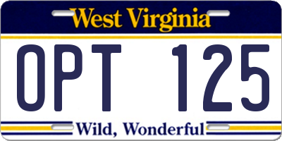 WV license plate OPT125