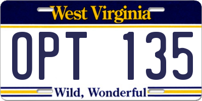 WV license plate OPT135