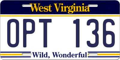 WV license plate OPT136