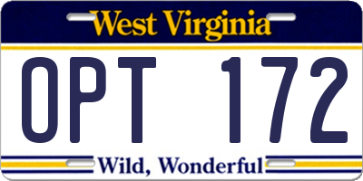WV license plate OPT172