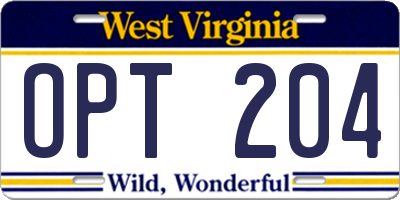 WV license plate OPT204